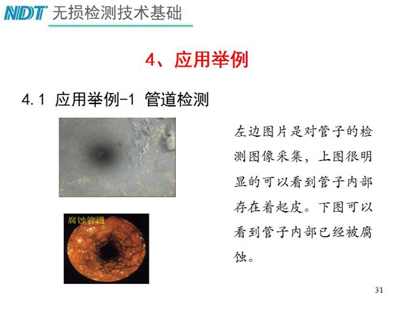 应用举例一1 管道检测,从两张检测对比图片可以明显看到管子 内部存在着起皮,另一张可以看以管子内部己经被腐蚀